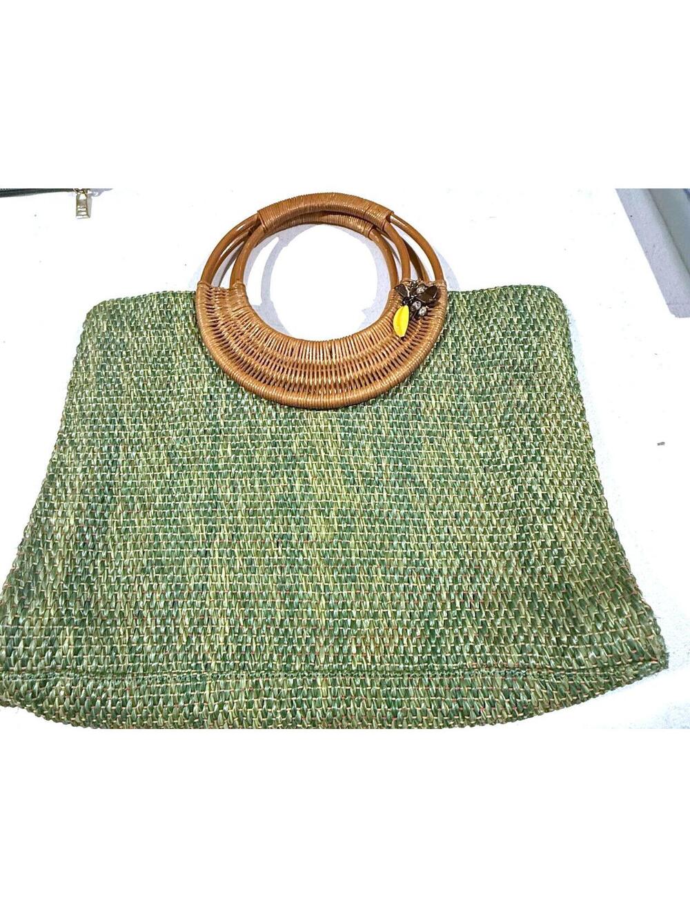Green Straw Fossil Bamboo Handle Tote Yellow Palm Trees Banana Charms